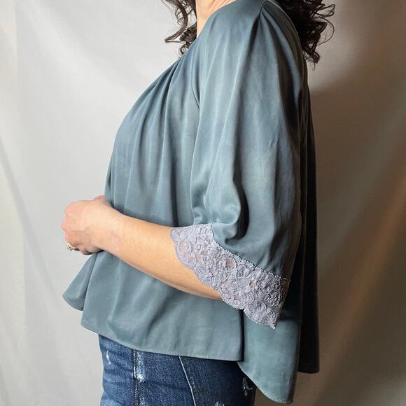 Vintage 60s lace trimmed bed jacket tie dye dyed teal blue cropped layering M - Picture 13 of 17